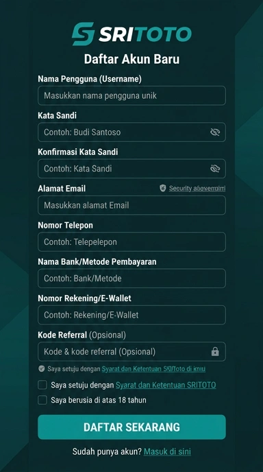 Tampilan halaman daftar sritoto